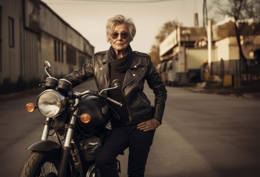 An adventurous elderly woman embraces a modern lifestyle as she travels the world, riding a motorcycle through diverse landscapes, symbolizing her free-spirited and courageous approach to exploration and living life to the fullest.Generated image.