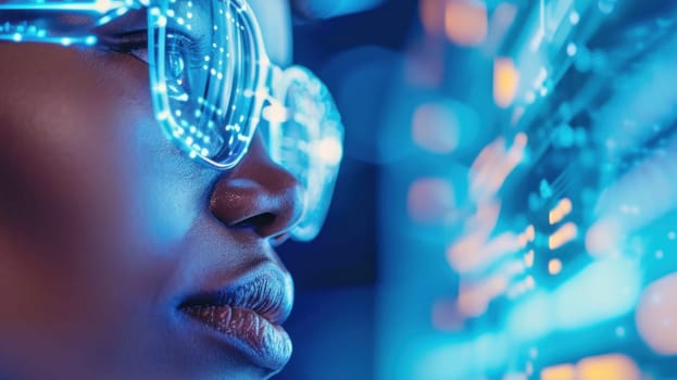 African American woman with visionary tech glasses. Created using AI generated technology and image editing software.
