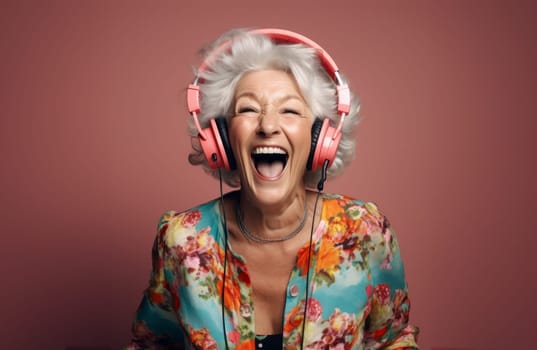 Modern older woman enjoys vibrant music with headphones, embracing technological comfort in her colorful isolation.Generated image.