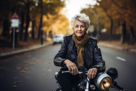 An adventurous elderly woman embraces a modern lifestyle as she travels the world, riding a motorcycle through diverse landscapes, symbolizing her free-spirited and courageous approach to exploration and living life to the fullest.Generated image.