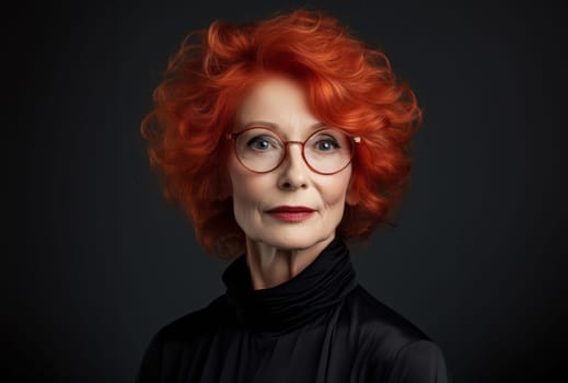 A beautiful elderly redhead exudes elegance and sophistication, her alluring portrait set against a black backdrop, capturing the classic charm, confidence, and grace that define senior beauty.Generated image.