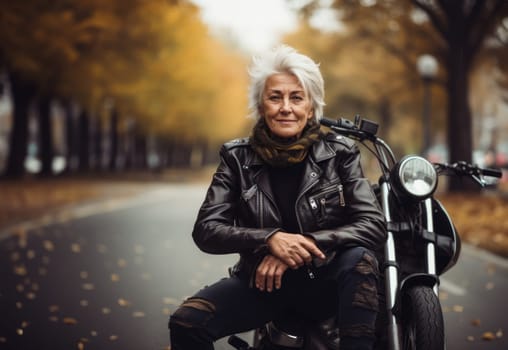 An adventurous elderly woman embraces a modern lifestyle as she travels the world, riding a motorcycle through diverse landscapes, symbolizing her free-spirited and courageous approach to exploration and living life to the fullest.Generated image.