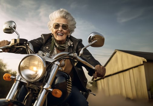 An adventurous elderly woman embraces a modern lifestyle as she travels the world, riding a motorcycle through diverse landscapes, symbolizing her free-spirited and courageous approach to exploration and living life to the fullest.Generated image.