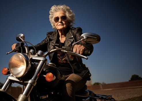 An adventurous elderly woman embraces a modern lifestyle as she travels the world, riding a motorcycle through diverse landscapes, symbolizing her free-spirited and courageous approach to exploration and living life to the fullest.Generated image.
