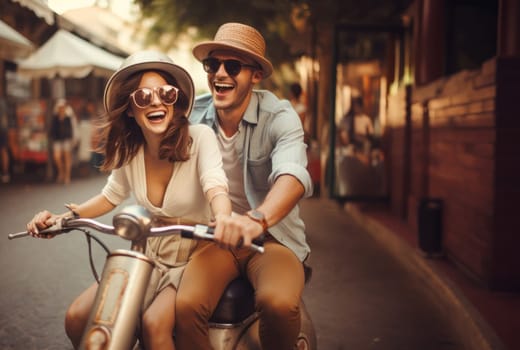 A happy couple shares the joy of a sunny scooter ride through the charming streets of Italy, embracing the warmth of summer and the bliss of exploring together.