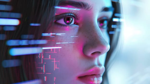 Portrait of a woman in augmented reality vision. Created using AI generated technology and image editing software.