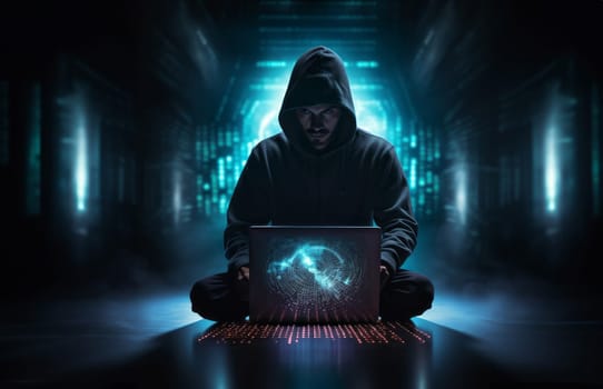 In this ominous snapshot, a hacker orchestrates digital mayhem using a laptop in a dimly lit office, embodying the clandestine world of cyber threats.Generated image.