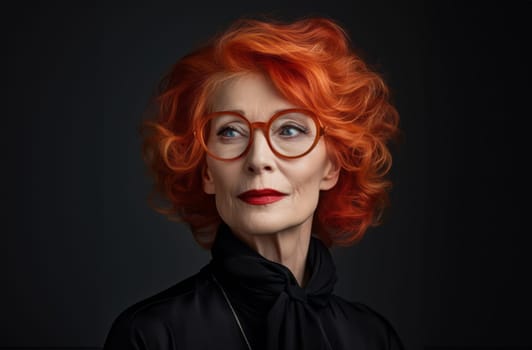 A beautiful elderly redhead exudes elegance and sophistication, her alluring portrait set against a black backdrop, capturing the classic charm, confidence, and grace that define senior beauty.Generated image.