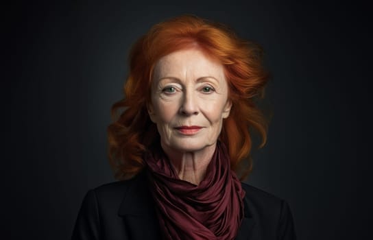 A beautiful elderly redhead exudes elegance and sophistication, her alluring portrait set against a black backdrop, capturing the classic charm, confidence, and grace that define senior beauty.Generated image.