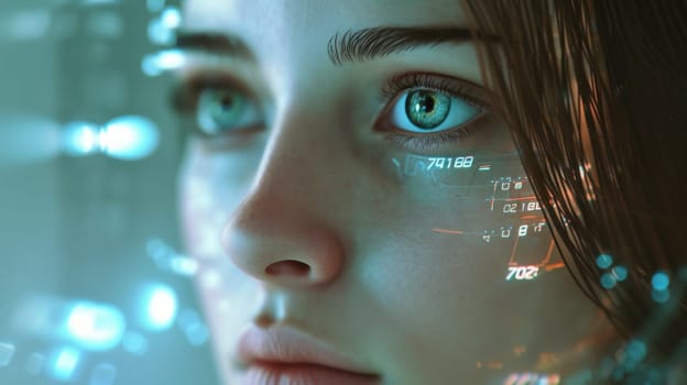 Portrait of a woman with futuristic interface. Created using AI generated technology and image editing software.