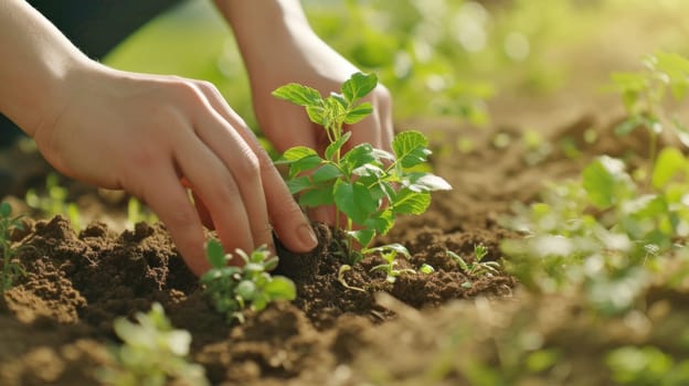 Hands to plant seedlings. Copy space. Created using AI generated technology and image editing software.
