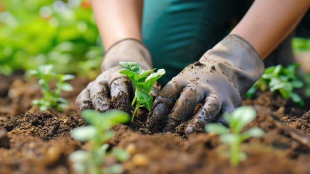 Gardening hands with sapling. Hand model. Created using AI generated technology and image editing software.