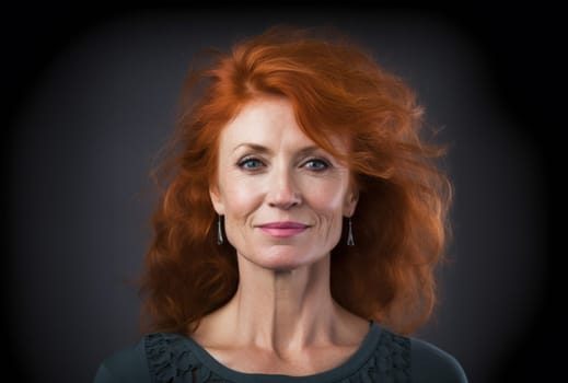 A beautiful elderly redhead exudes elegance and sophistication, her alluring portrait set against a black backdrop, capturing the classic charm, confidence, and grace that define senior beauty.Generated image.