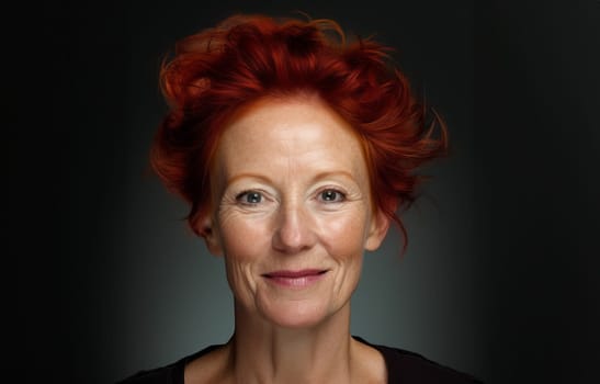 A beautiful elderly redhead exudes elegance and sophistication, her alluring portrait set against a black backdrop, capturing the classic charm, confidence, and grace that define senior beauty.Generated image.