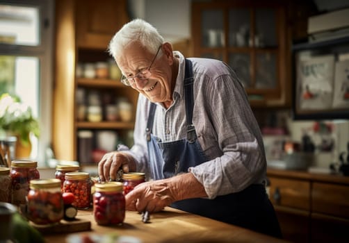 lderly man skillfully prepares delicious and nutritious preserves for his family in the cozy warmth of his home, embodying the tradition of homemade culinary delights and creating a heartwarming atmosphere of family love and culinary expertise.Generated image.