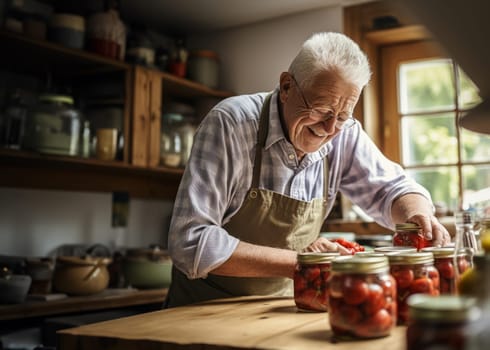 lderly man skillfully prepares delicious and nutritious preserves for his family in the cozy warmth of his home, embodying the tradition of homemade culinary delights and creating a heartwarming atmosphere of family love and culinary expertise.Generated image.