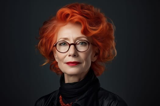 A beautiful elderly redhead exudes elegance and sophistication, her alluring portrait set against a black backdrop, capturing the classic charm, confidence, and grace that define senior beauty.Generated image.