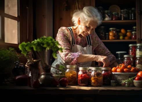 An elderly grandmother expertly prepares delicious and nutritious preserves in the cozy warmth of her home, embodying the tradition of homemade culinary delights and passing down a legacy of family warmth and culinary mastery.Generated image.