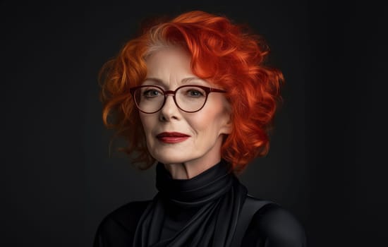 A beautiful elderly redhead exudes elegance and sophistication, her alluring portrait set against a black backdrop, capturing the classic charm, confidence, and grace that define senior beauty.Generated image.