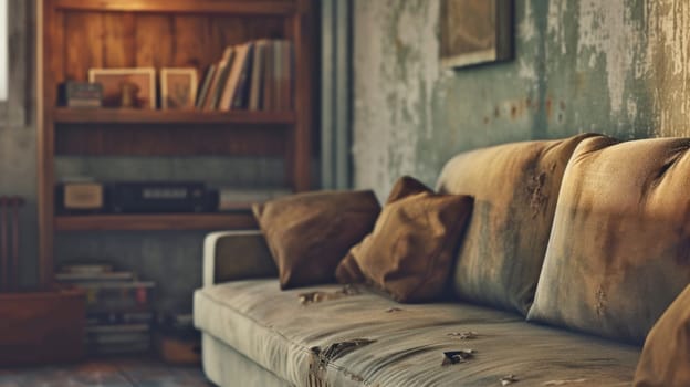 Vintage living room corner and aged sofa. Created using AI generated technology and image editing software.