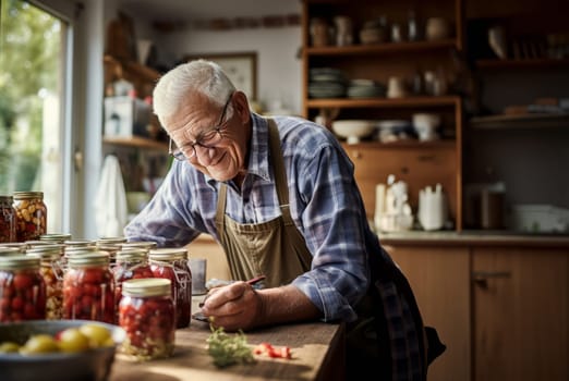 lderly man skillfully prepares delicious and nutritious preserves for his family in the cozy warmth of his home, embodying the tradition of homemade culinary delights and creating a heartwarming atmosphere of family love and culinary expertise.Generated image.