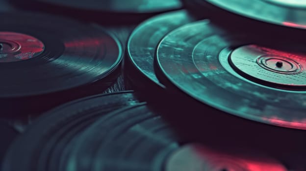 Stack of vinyl records. Created using AI generated technology and image editing software.