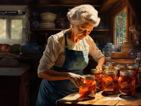 An elderly grandmother expertly prepares delicious and nutritious preserves in the cozy warmth of her home, embodying the tradition of homemade culinary delights and passing down a legacy of family warmth and culinary mastery.Generated image.