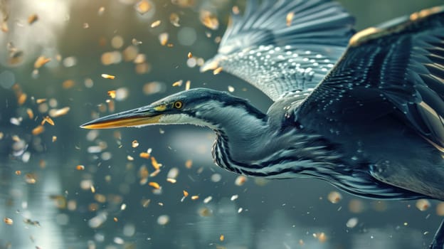 Heron in flight. Created using AI generated technology and image editing software.