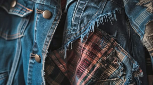 Close up of frayed denim and plaid detail. Created using AI generated technology and image editing software.