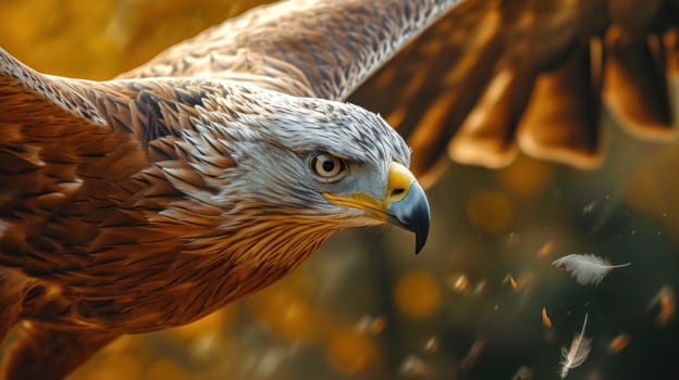 Closeup of eagle in flight. Created using AI generated technology and image editing software.