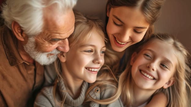 Portrait of smiling multigenerational family. Created using AI generated technology and image editing software.