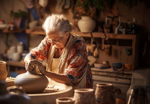 Elderly woman masterfully practices the ancient craft of pottery, molding glistening clay into exquisite creations in her traditional workshop, embodying the timeless artistry of handmade ceramics.
