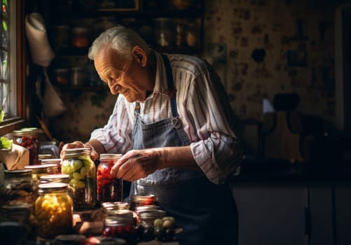 lderly man skillfully prepares delicious and nutritious preserves for his family in the cozy warmth of his home, embodying the tradition of homemade culinary delights and creating a heartwarming atmosphere of family love and culinary expertise.Generated image.