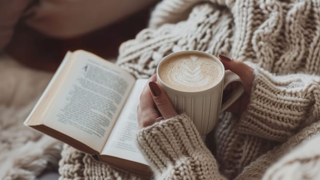 Cozy knitwear and latte art. Copy space. Created using AI generated technology and image editing software.