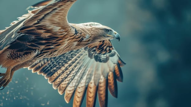 Closeup of eagle in flight. Created using AI generated technology and image editing software.