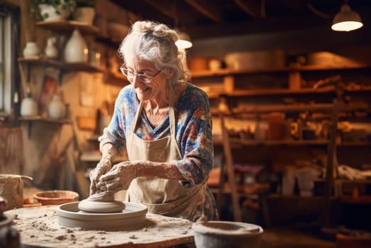 Elderly woman masterfully practices the ancient craft of pottery, molding glistening clay into exquisite creations in her traditional workshop, embodying the timeless artistry of handmade ceramics.