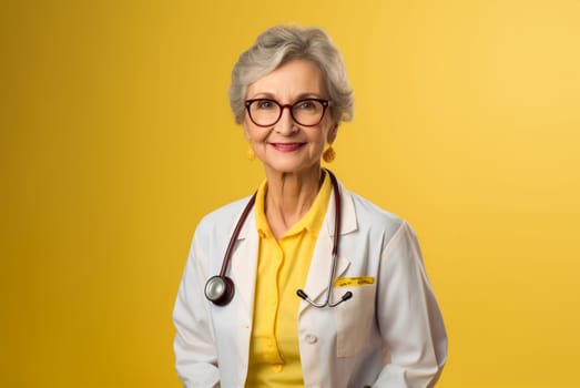 A modern senior doctor, isolated against a vibrant yellow background, radiates confidence and professionalism through her warm smile, symbolizing the self-assured expertise and positive demeanor of experienced healthcare practitioners.Generated image.