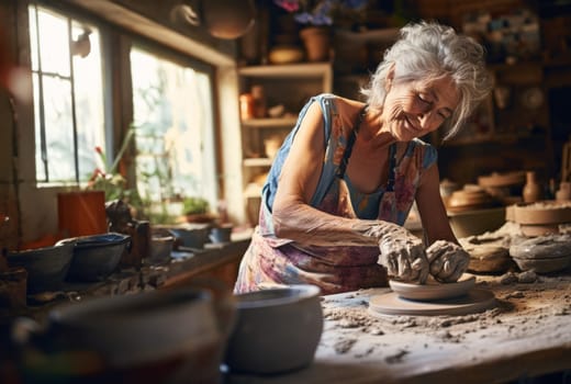 Elderly woman masterfully practices the ancient craft of pottery, molding glistening clay into exquisite creations in her traditional workshop, embodying the timeless artistry of handmade ceramics.