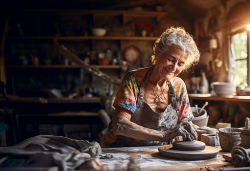 Elderly woman masterfully practices the ancient craft of pottery, molding glistening clay into exquisite creations in her traditional workshop, embodying the timeless artistry of handmade ceramics.