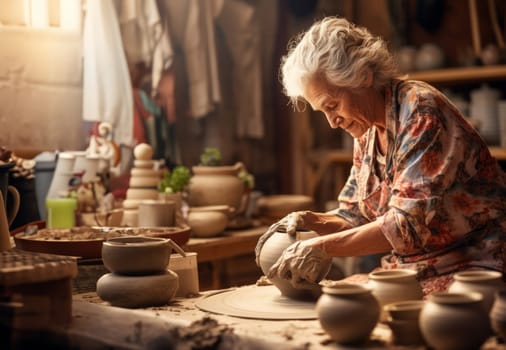 Elderly woman masterfully practices the ancient craft of pottery, molding glistening clay into exquisite creations in her traditional workshop, embodying the timeless artistry of handmade ceramics.
