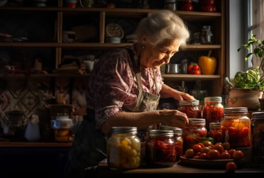 An elderly grandmother expertly prepares delicious and nutritious preserves in the cozy warmth of her home, embodying the tradition of homemade culinary delights and passing down a legacy of family warmth and culinary mastery.Generated image.