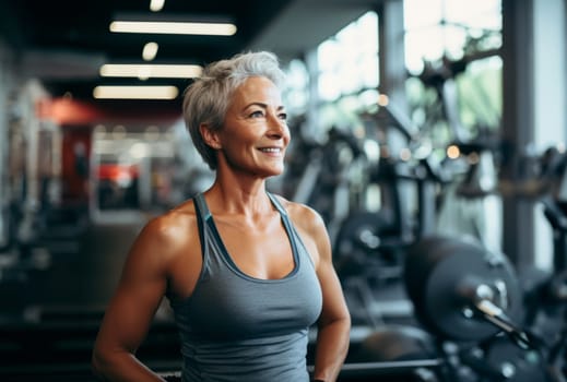 A determined elderly woman engages in vigorous workouts at the gym, embodying strength, perseverance, and commitment to a healthy and active lifestyle.Generated image.