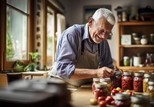 lderly man skillfully prepares delicious and nutritious preserves for his family in the cozy warmth of his home, embodying the tradition of homemade culinary delights and creating a heartwarming atmosphere of family love and culinary expertise.Generated image.