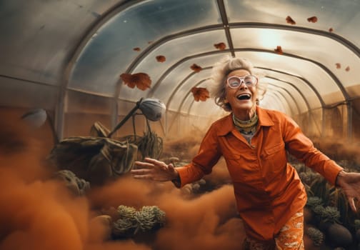 A cheerful elderly woman breathes life into primitive organisms in a green room on Mars, showcasing the joy and vibrancy of extraterrestrial horticulture and the exploration of new frontiers.Generated image.