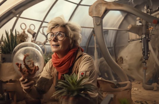 A cheerful elderly woman breathes life into primitive organisms in a green room on Mars, showcasing the joy and vibrancy of extraterrestrial horticulture and the exploration of new frontiers.Generated image.