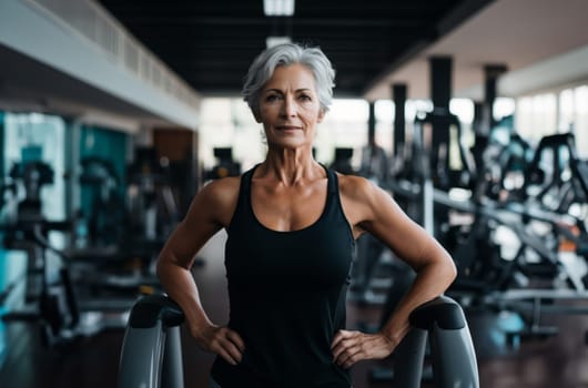 A determined elderly woman engages in vigorous workouts at the gym, embodying strength, perseverance, and commitment to a healthy and active lifestyle.Generated image.