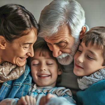 Closeup of a joyful family embrace. Created using AI generated technology and image editing software.