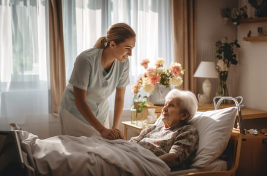A caring nurse pays a compassionate visit to elderly residents in a care home, providing support and companionship to bedridden individuals, exemplifying the empathetic connection that defines healthcare in a senior living setting.Generated image.