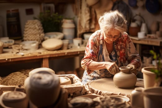 Elderly woman masterfully practices the ancient craft of pottery, molding glistening clay into exquisite creations in her traditional workshop, embodying the timeless artistry of handmade ceramics.