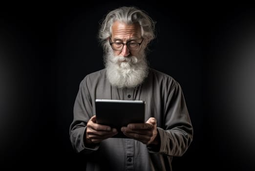 Elderly man with a beard engages with modern technology, using a tablet against a black backdrop, symbolizing the intersection of age and digital connectivity in the contemporary era.Generated image.